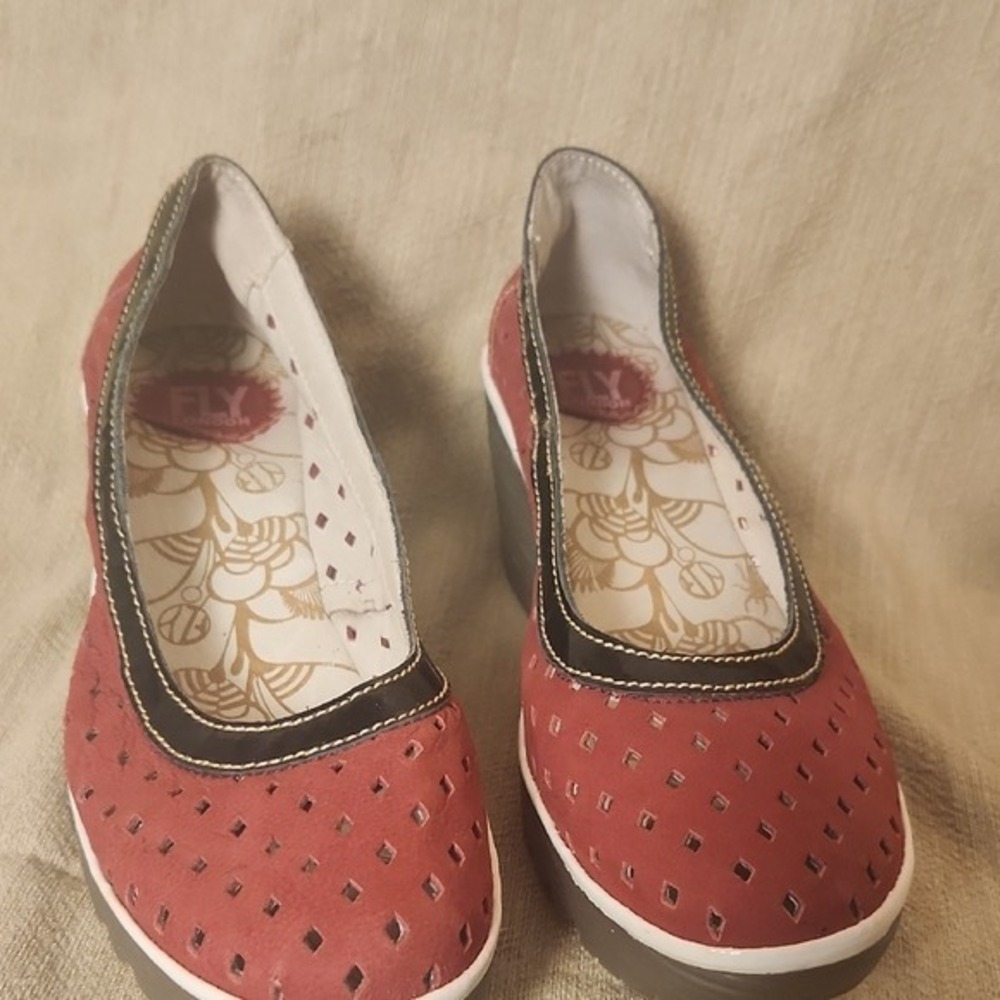 Fly London Red Perforated Wedge Platform Shoes Size 39 EU 8.5 US